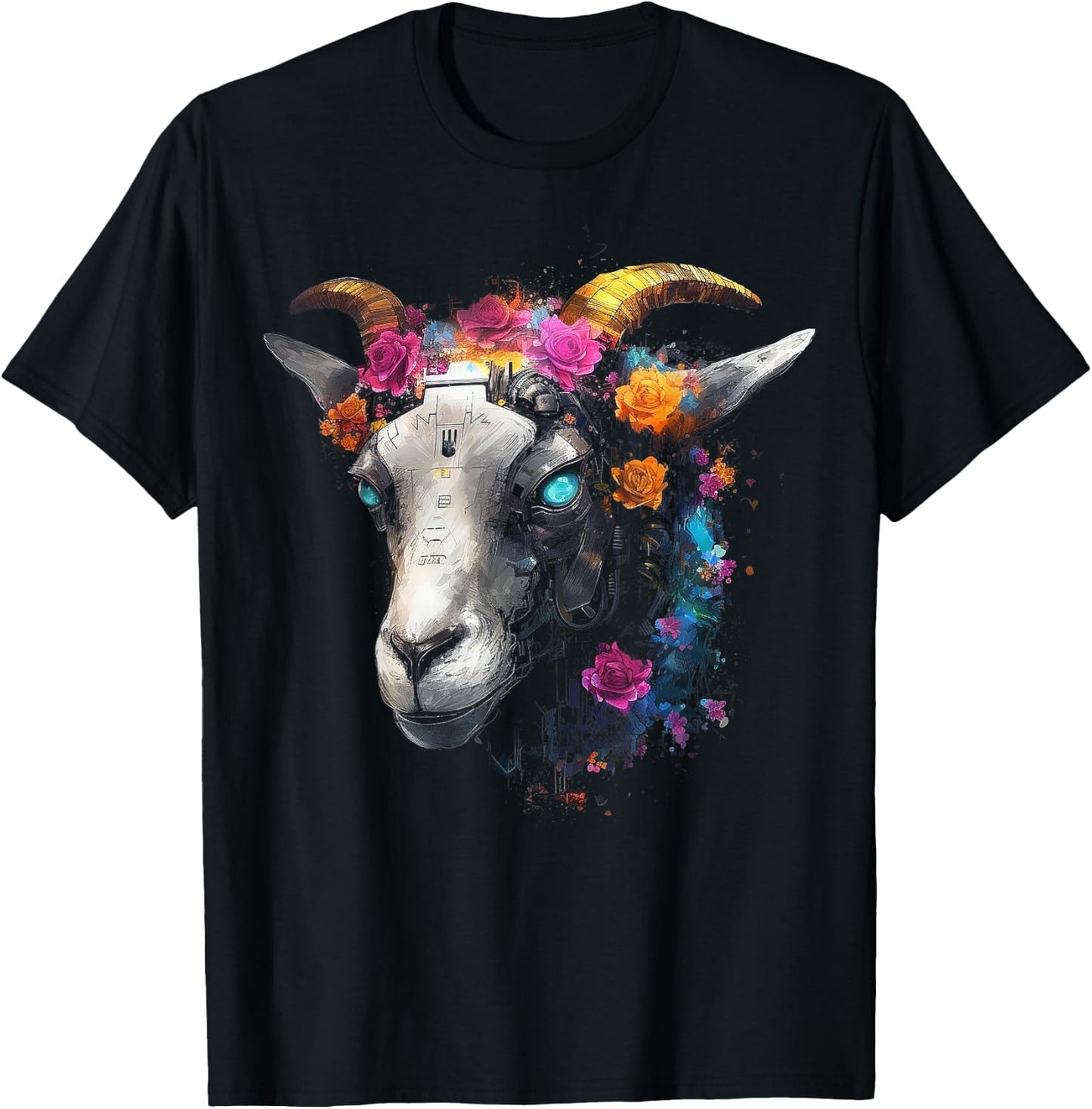 Goat Fantasy Blue Eyes - Artwork | Animal Motif Goat T-Shirt - T-Shirt | Black