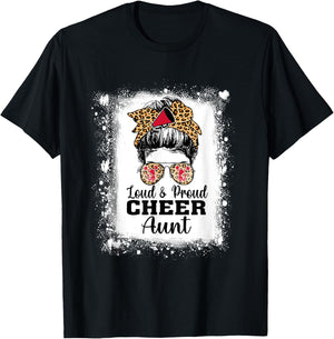 Loud & Proud Cheer Aunt Messy Bun Leopard Bleached T-Shirt - T-Shirt | Black