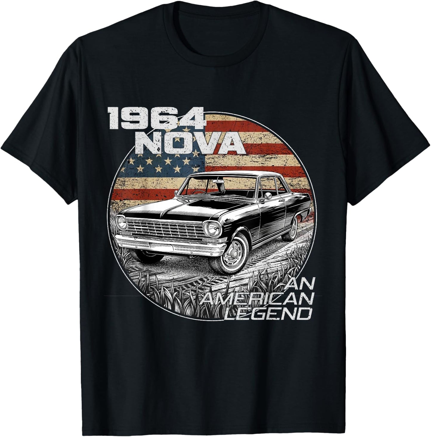1964 64 Nova Silhouette Muscle Car American Flag T-Shirt - T-Shirt | Black