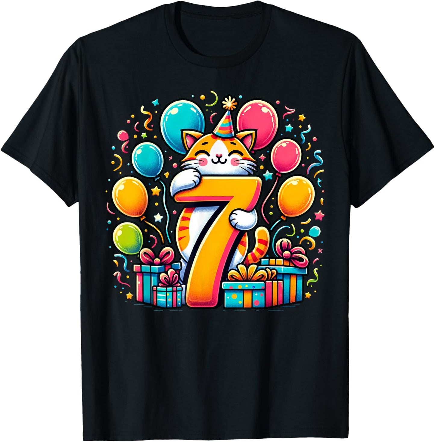 Cat 7th Birthday Boy Girl 7 Years Old Seventh Seven Cat , black T-Shirt - T-Shirt | Black