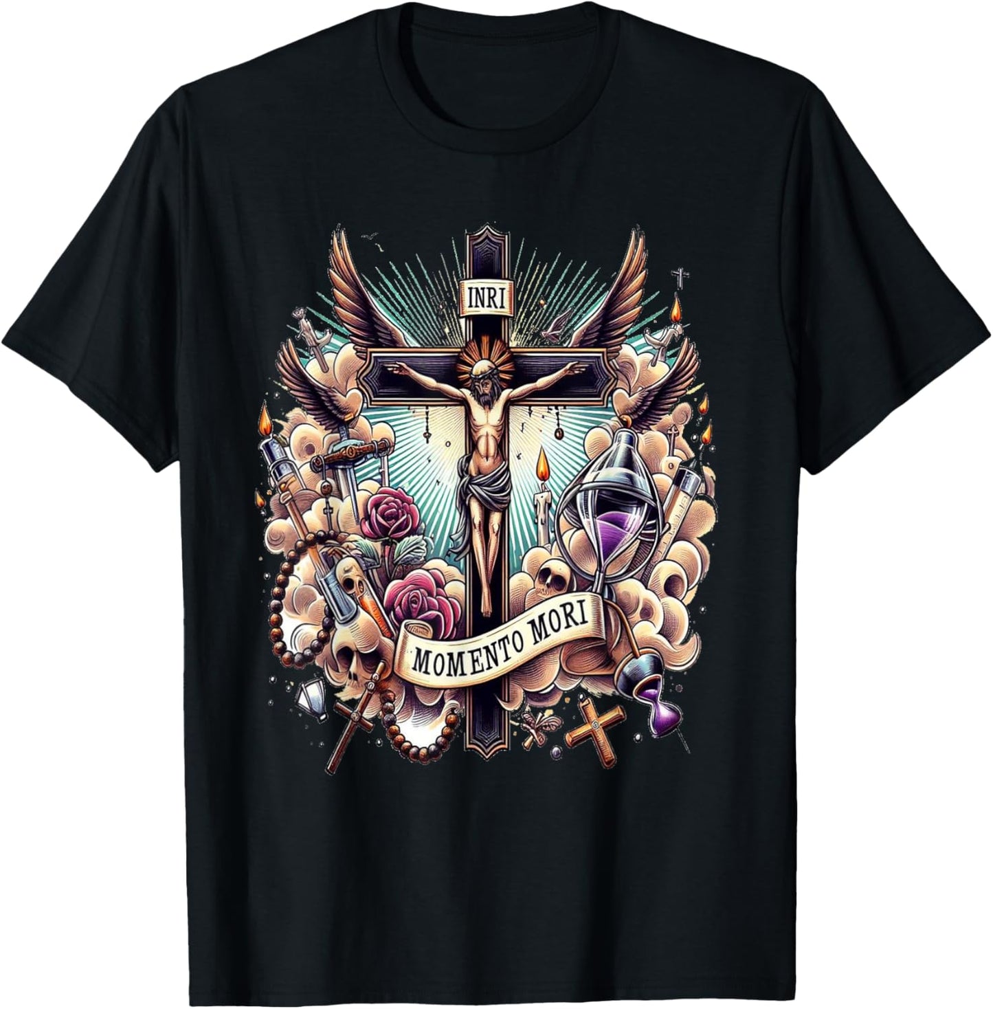 Memento Mori Catholic Crucifix Traditional Latin Mass Skull T-Shirt - T-Shirt | Black