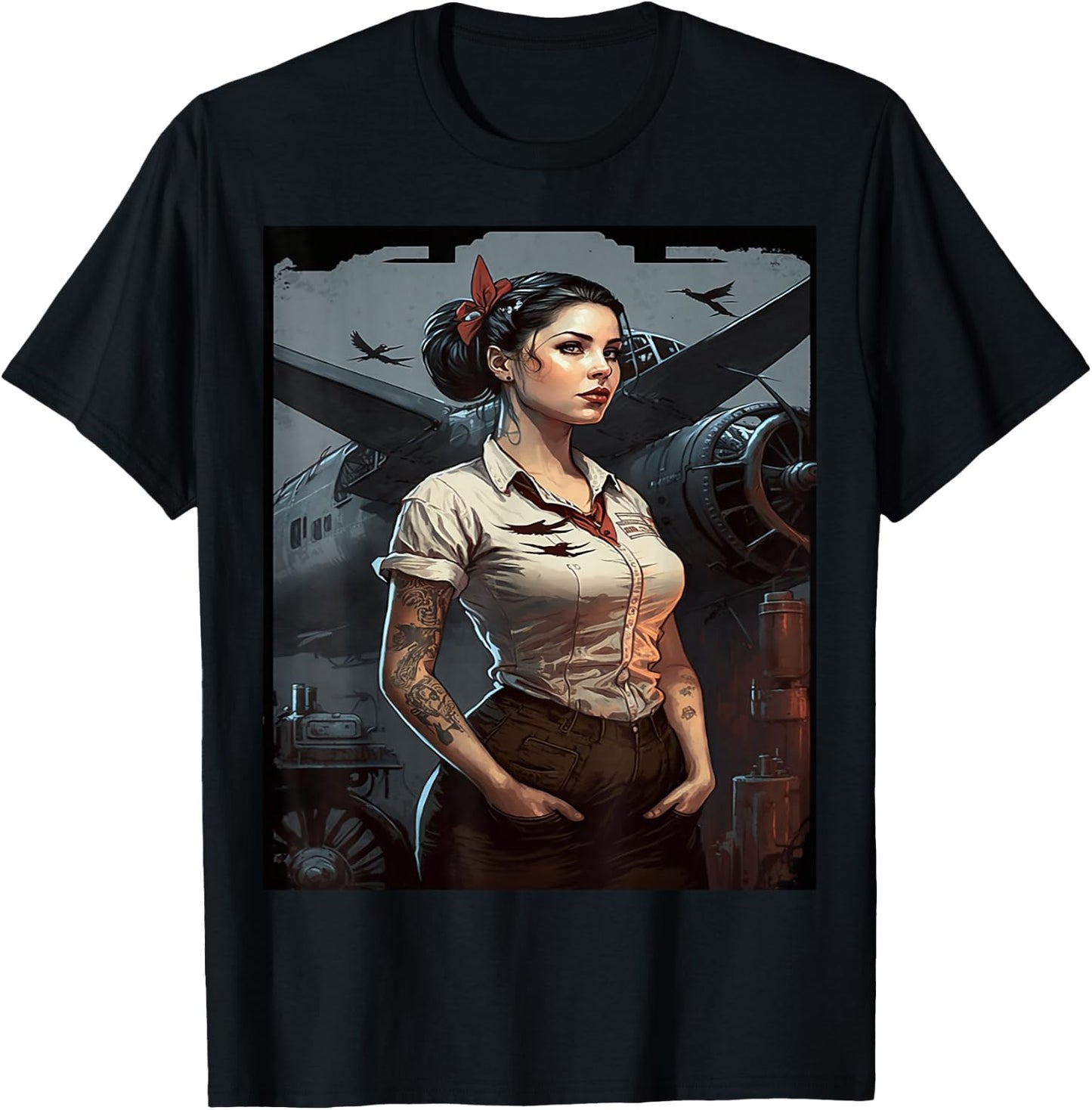 Strong Military Pinup Woman With Tattoos Airplane Retro Art T-Shirt - T-Shirt | Black