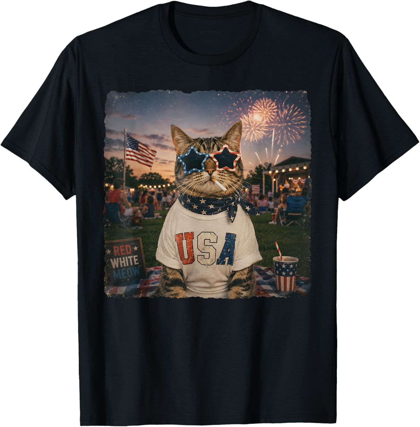 Funny American Cat Smoking Sunglasses Meme Funny 4th of July T-Shirt - T-Shirt | Black