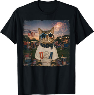 Funny American Cat Smoking Sunglasses Meme Funny 4th of July T-Shirt - T-Shirt | Black