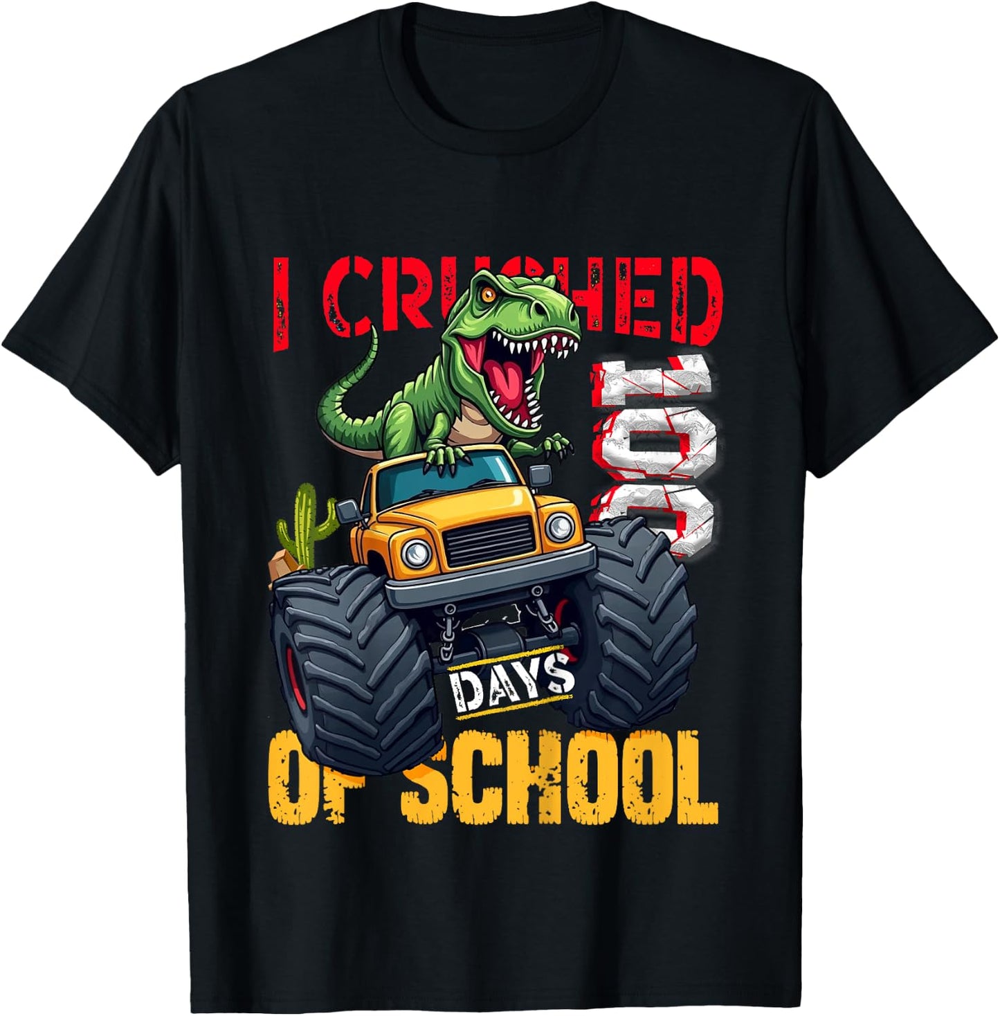 Kids I Crushed 100 Days of School Boy Dinosaur Monster Truck T-Shirt - T-Shirt | Black