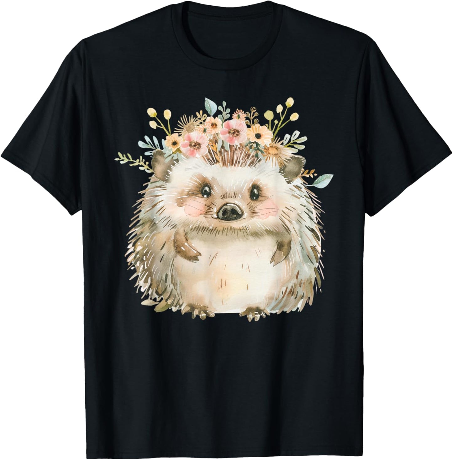 Hedgehog Boho Forest Animal Flower Flowers Vintage , black T-Shirt - T-Shirt | Black
