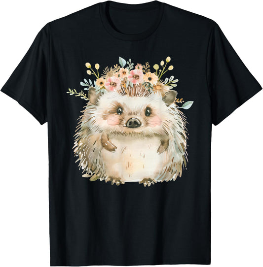 Hedgehog Boho Forest Animal Flower Flowers Vintage , black T-Shirt - T-Shirt | Black