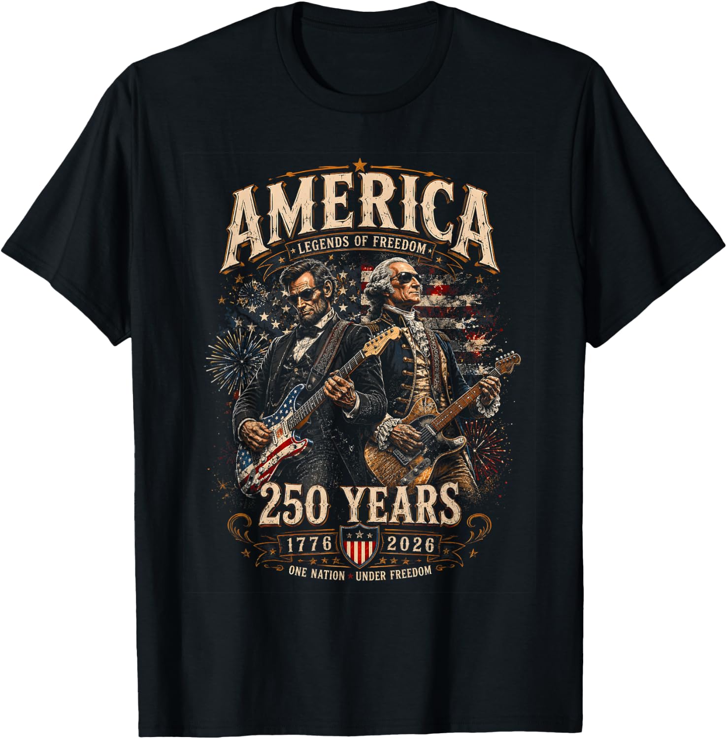 George Washington Playing Guitar Abe Lincoln 250th America T-Shirt - T-Shirt | Black