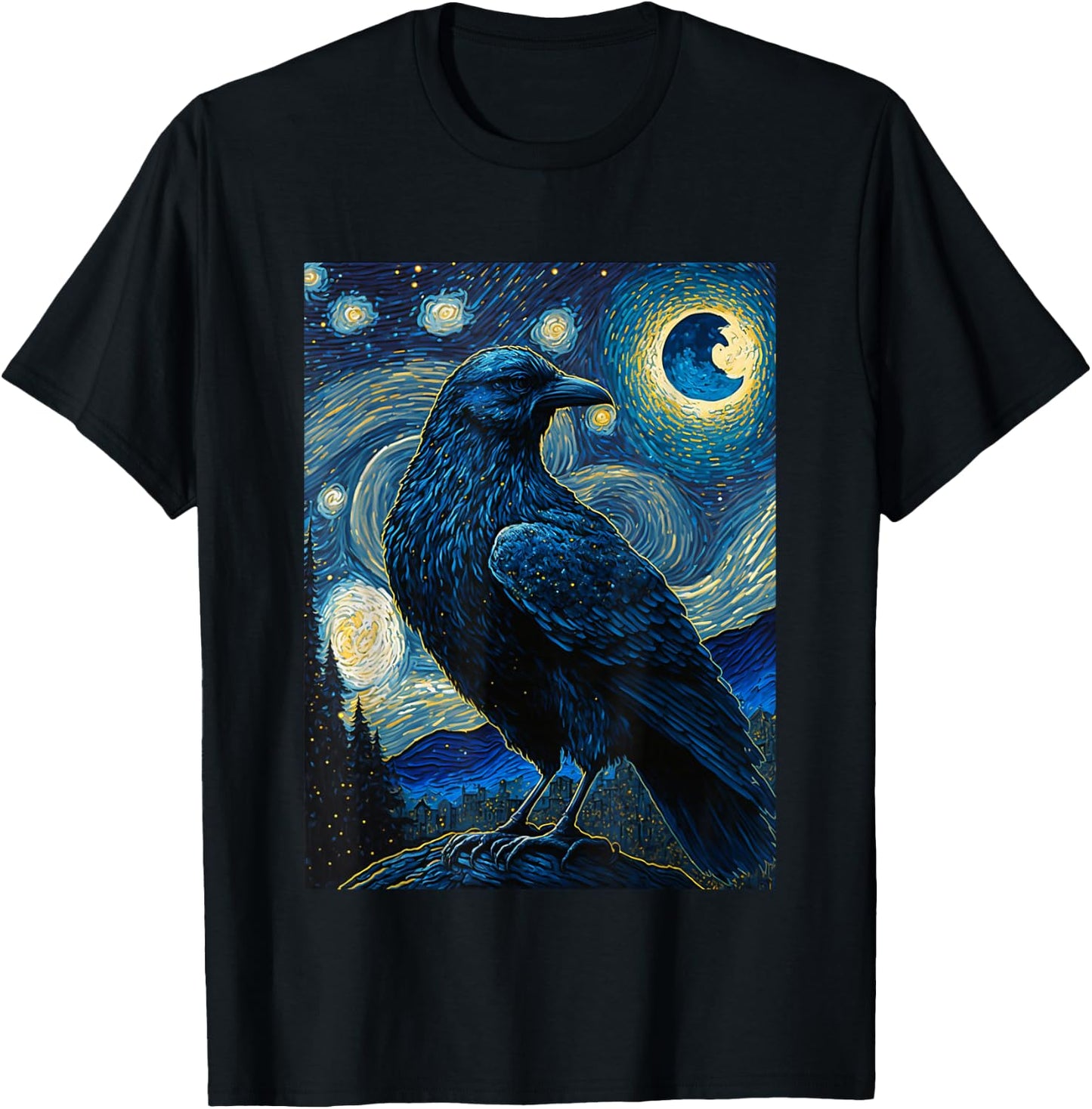 Raven Starry Night Style Painting, Van Gogh Crow Lover T-Shirt - T-Shirt | Black
