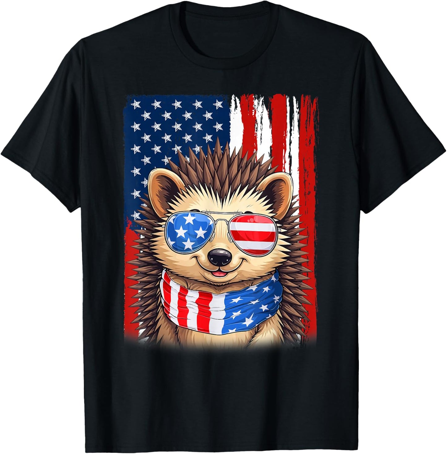 Hedgehog US America Flag Men Women 4th of July Patriotic T-Shirt - T-Shirt | Black