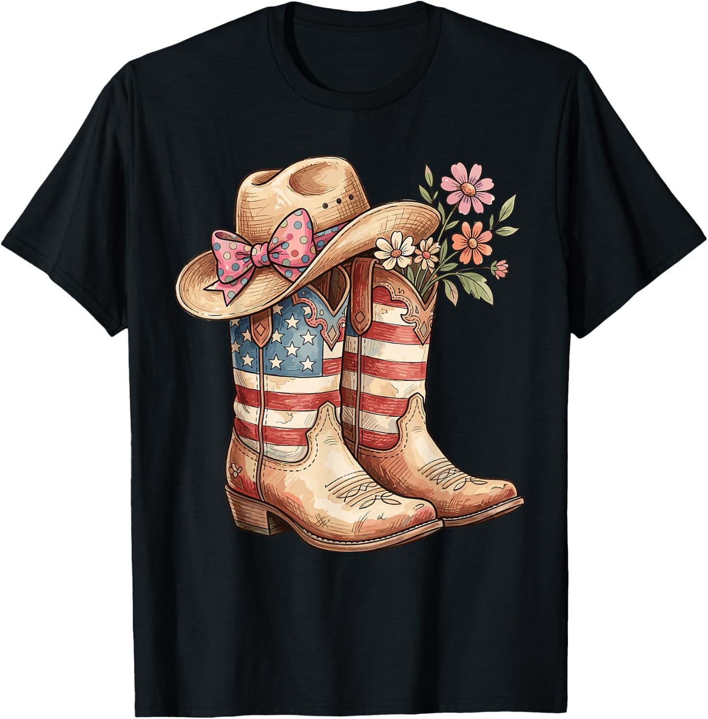 Cowboy Boots Cowgirl American Flag Hat Western 4th of July T-Shirt - T-Shirt | Black