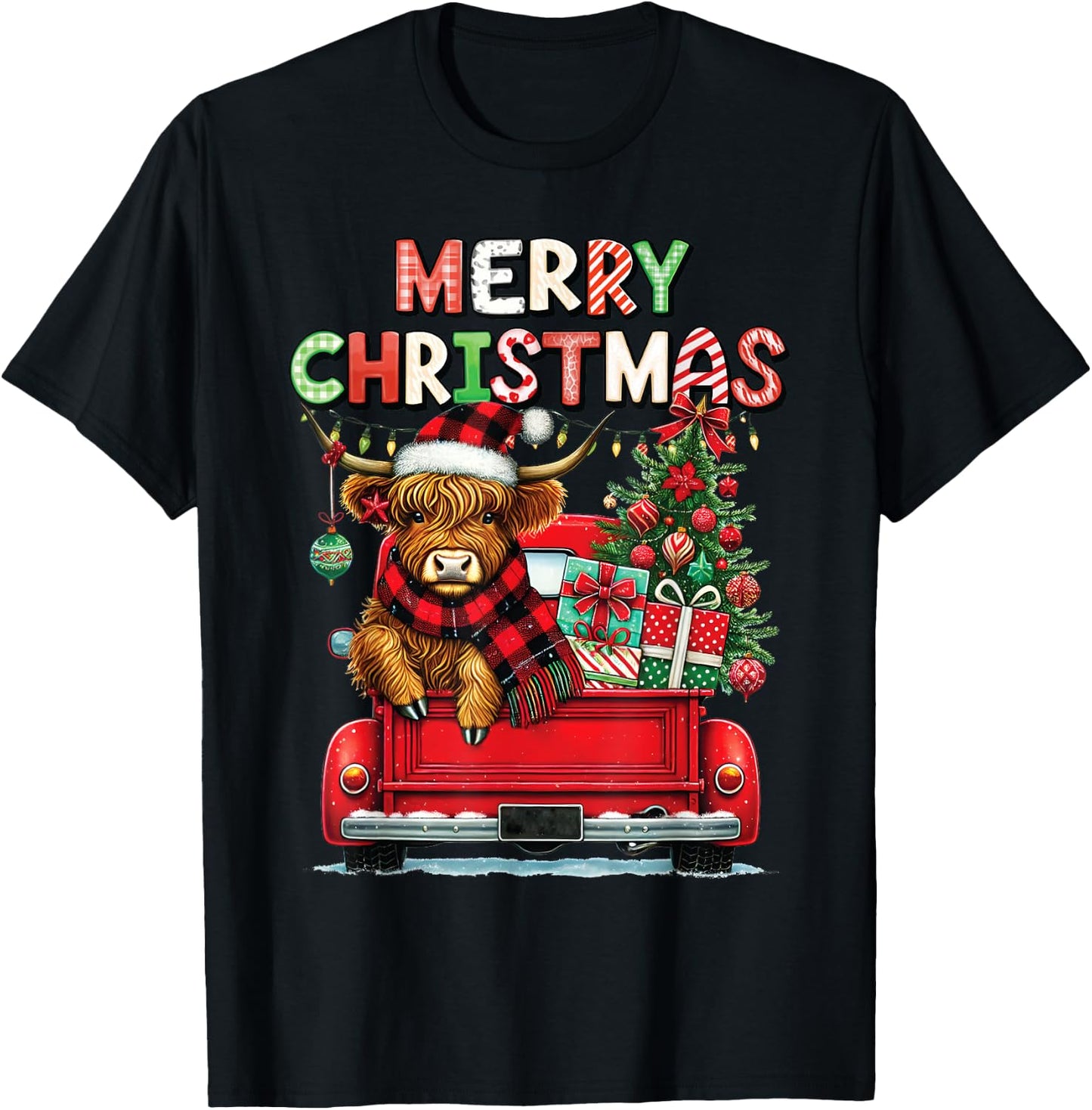 Merry Christmas Scottish Highland Cow Xmas Farm Animal Lover T-Shirt - T-Shirt | Black