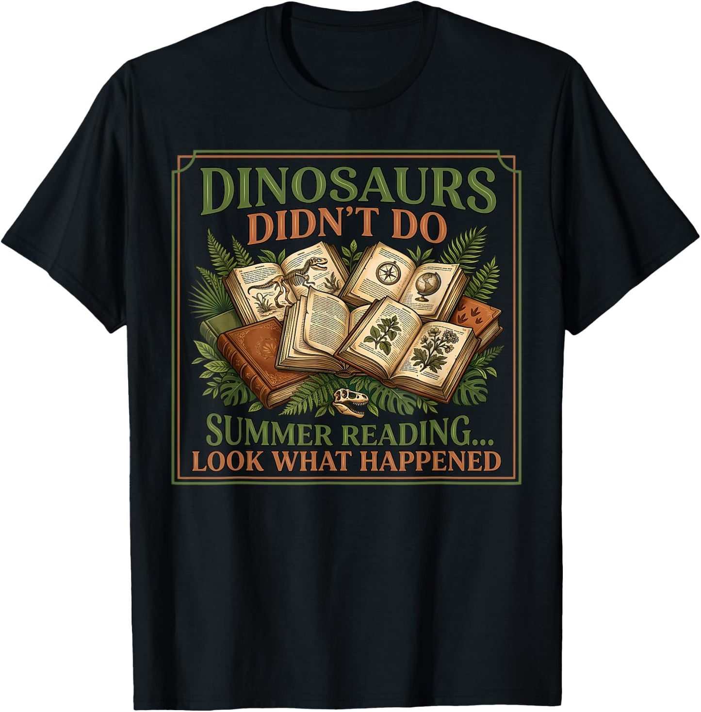Dinosaurs Didn’t Do Summer Reading Vintage Botanic T-Shirt - T-Shirt | Black