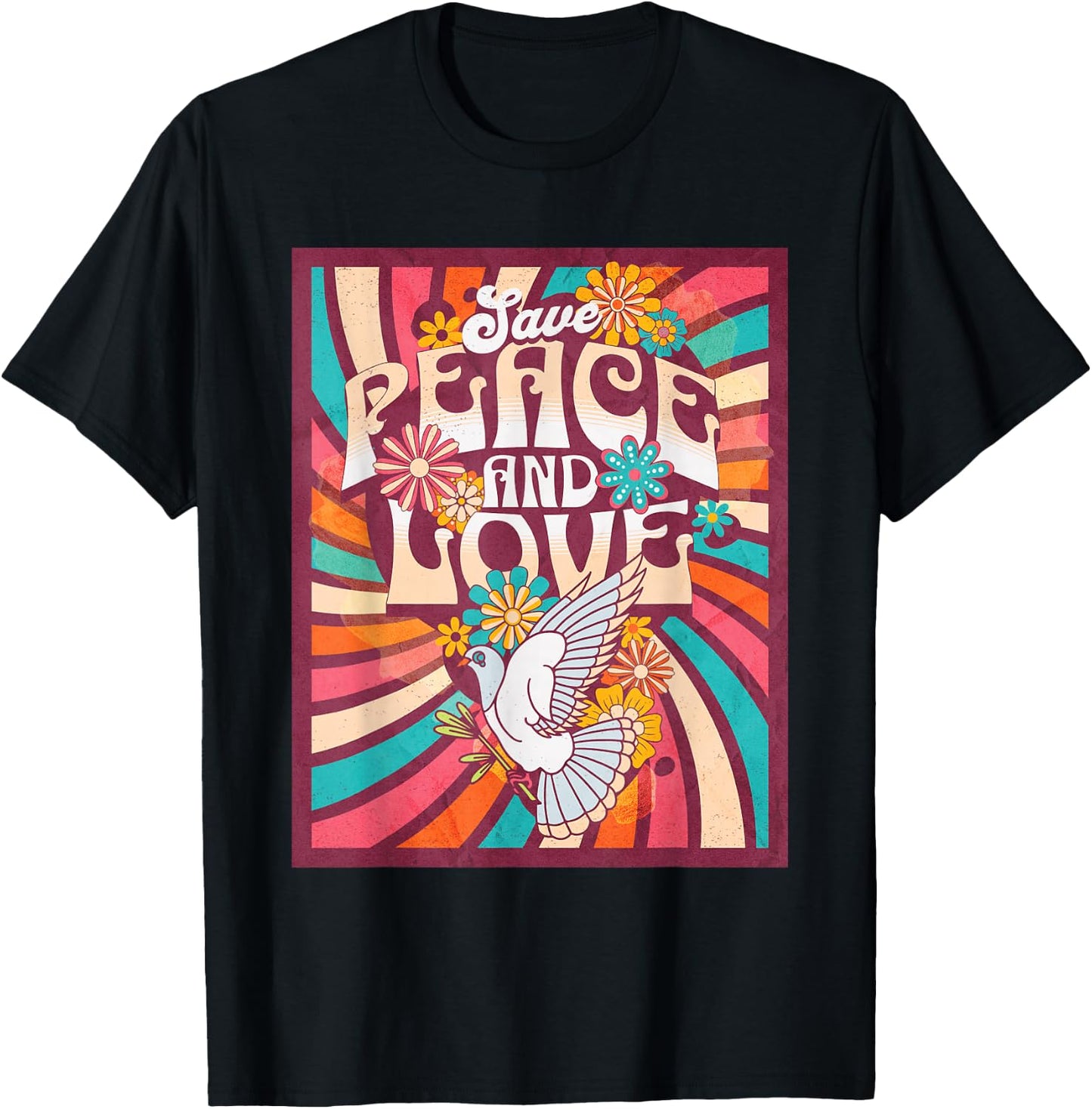 Save Peace and Love Retro Hippie Dove Floral Style 70s , Black, S T-Shirt - T-Shirt | Black