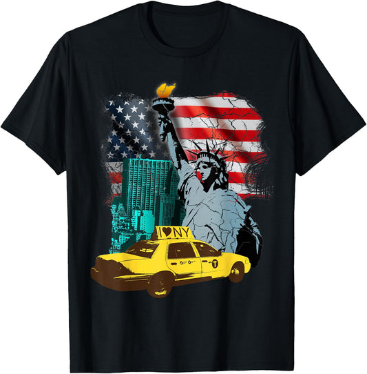 New York USA Statue of Liberty Skyline Graphic T-Shirt - T-Shirt | Black