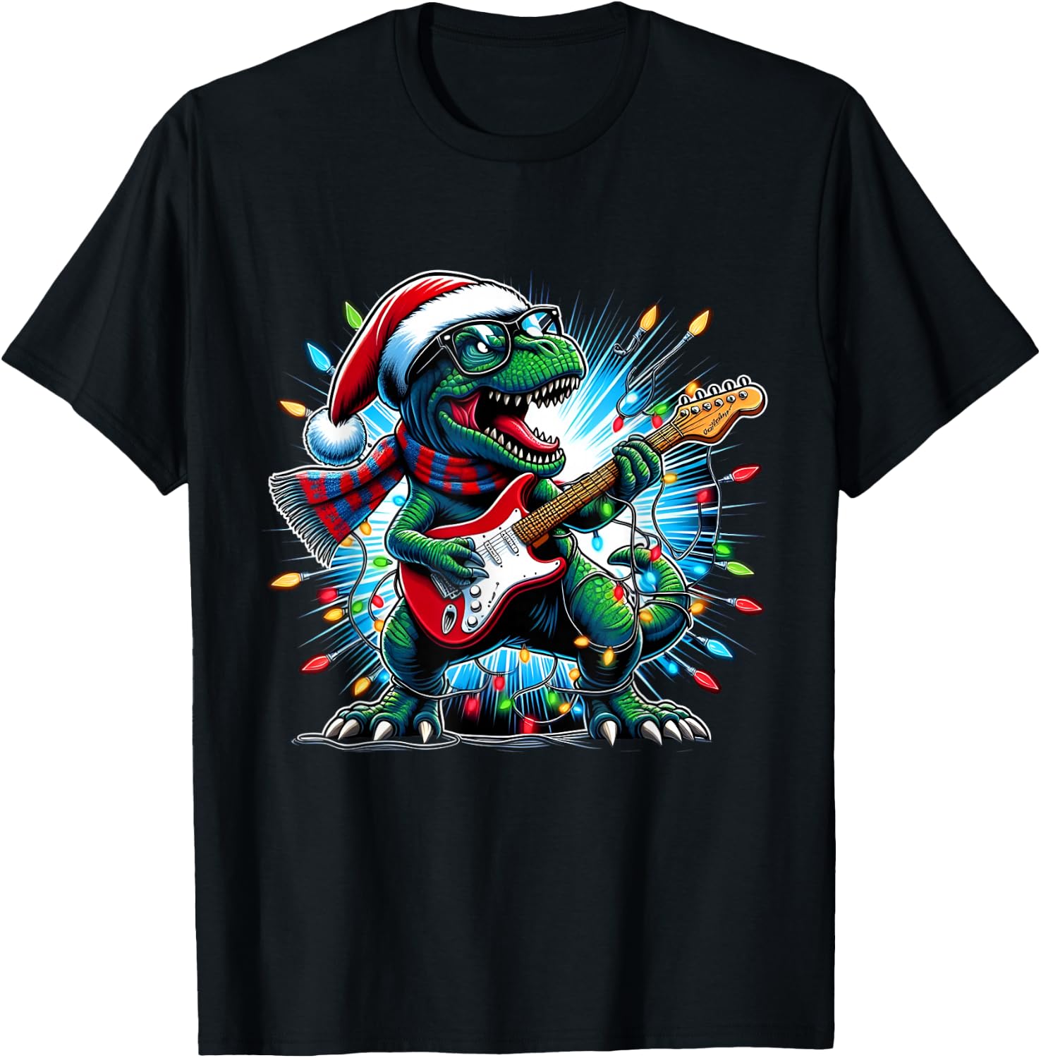 Dinosaur Guitar Player Xmas Funny Trex Dinosaur Christmas T-Shirt - T-Shirt | Black