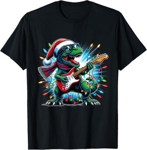 Dinosaur Guitar Player Xmas Funny Trex Dinosaur Christmas T-Shirt - T-Shirt | Black