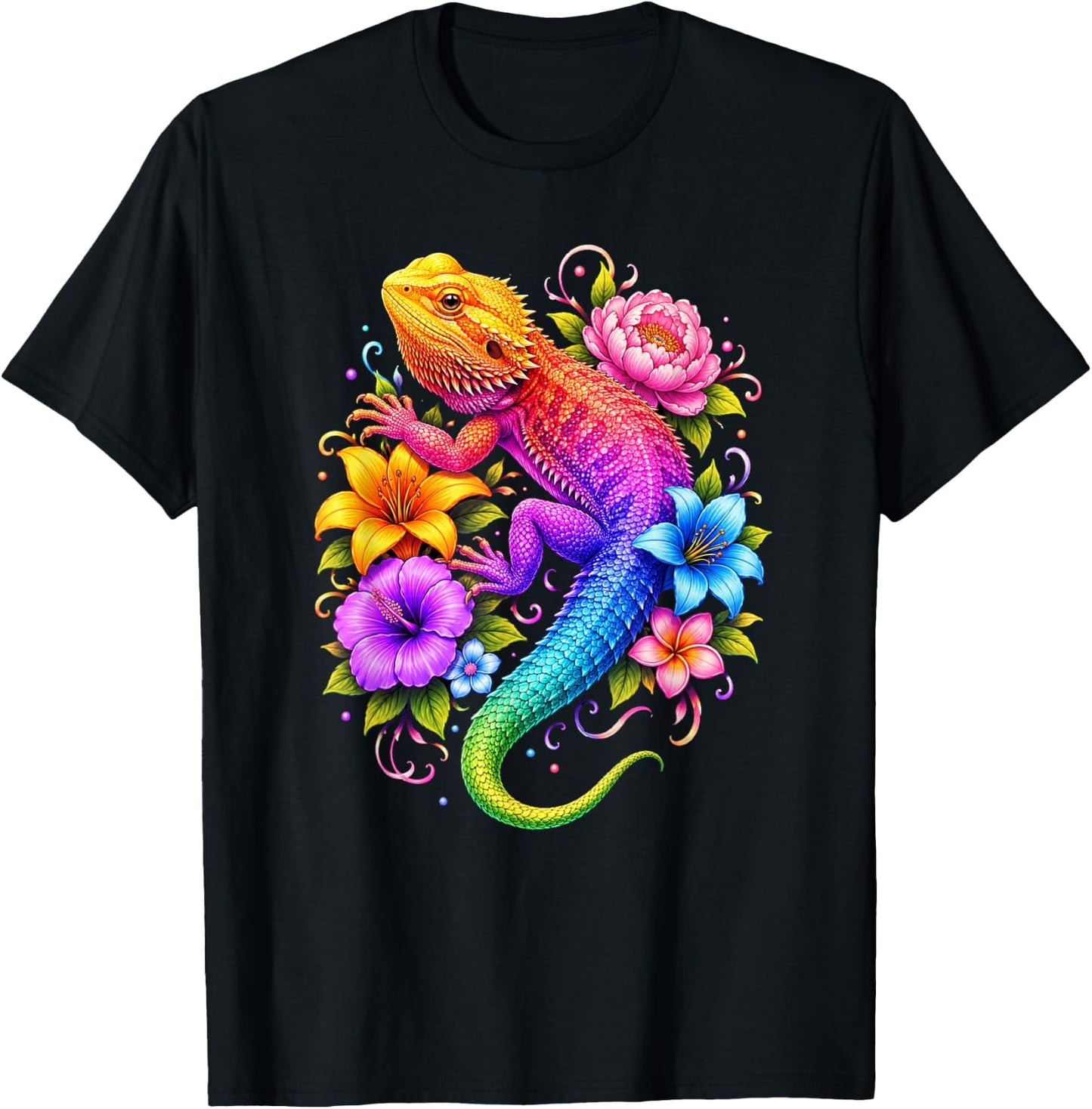 Colorful Floral Bearded Dragon Flowers Rainbow Women Girls T-Shirt - T-Shirt | Black