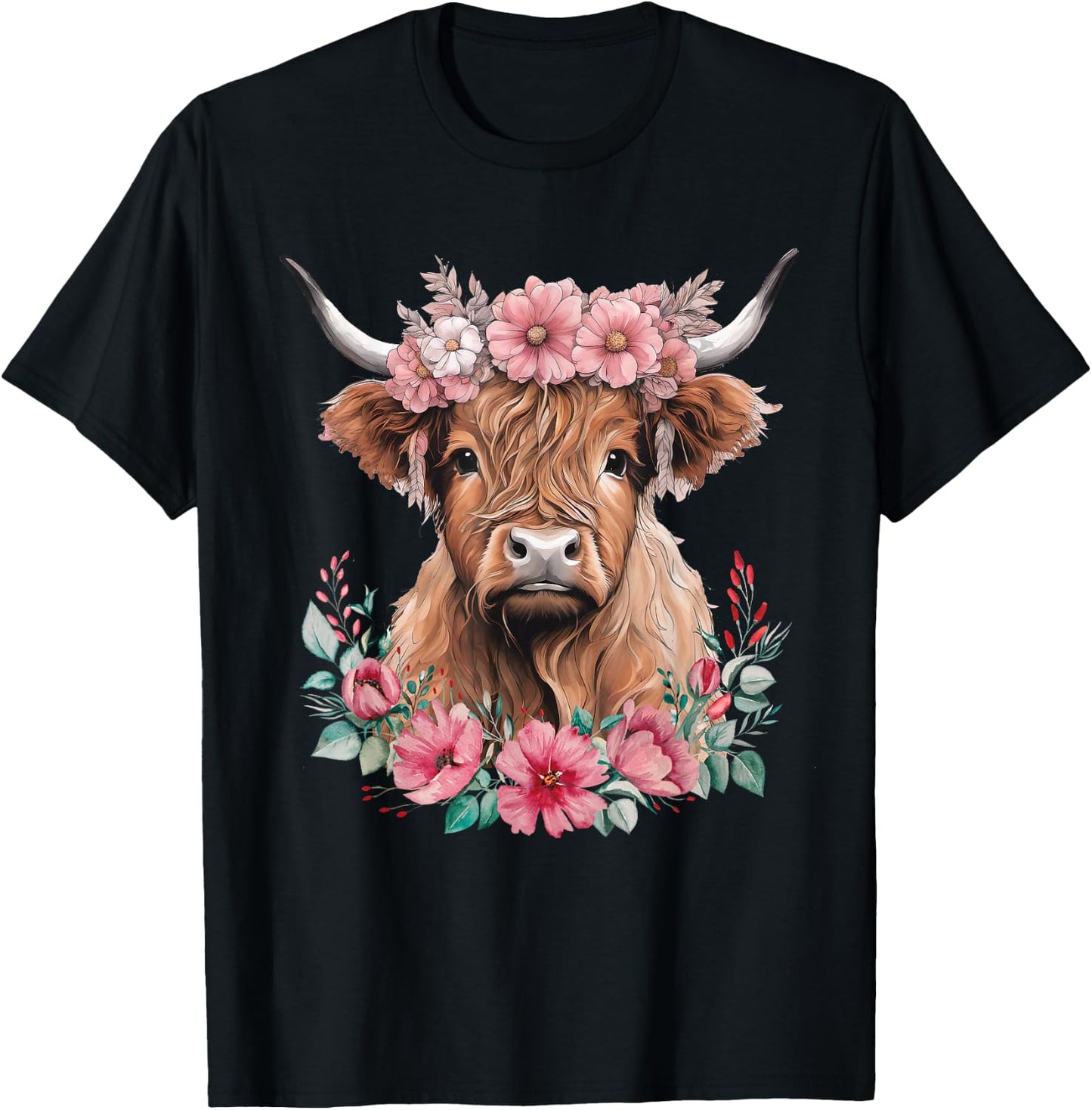 Cute Baby Highland Cow with Flowers Calf Animal Cow Women T-Shirt - T-Shirt | Black