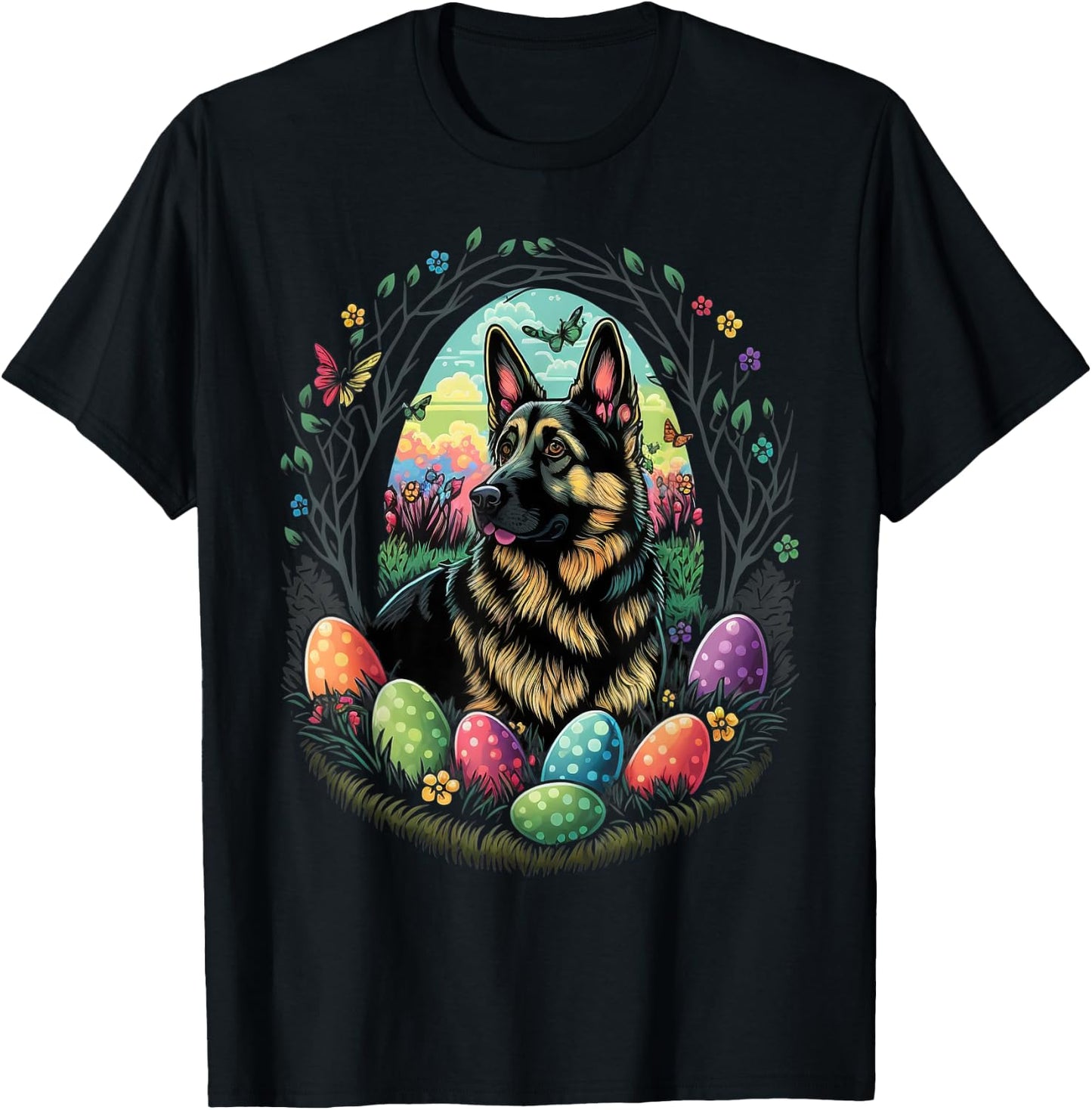 Easter Alsatian Bunny Eggs Dog on Easter German Shepherd T-Shirt - T-Shirt | Black