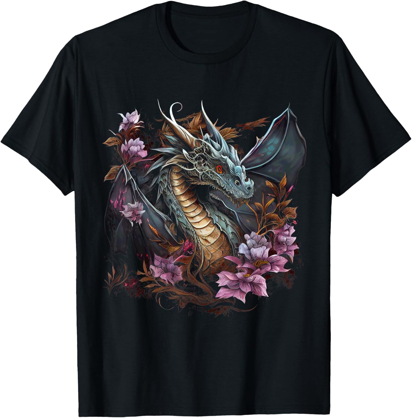 Beautiful Floral Dragon Lover Fantasy Art Cool Illustration T-Shirt - T-Shirt | Black