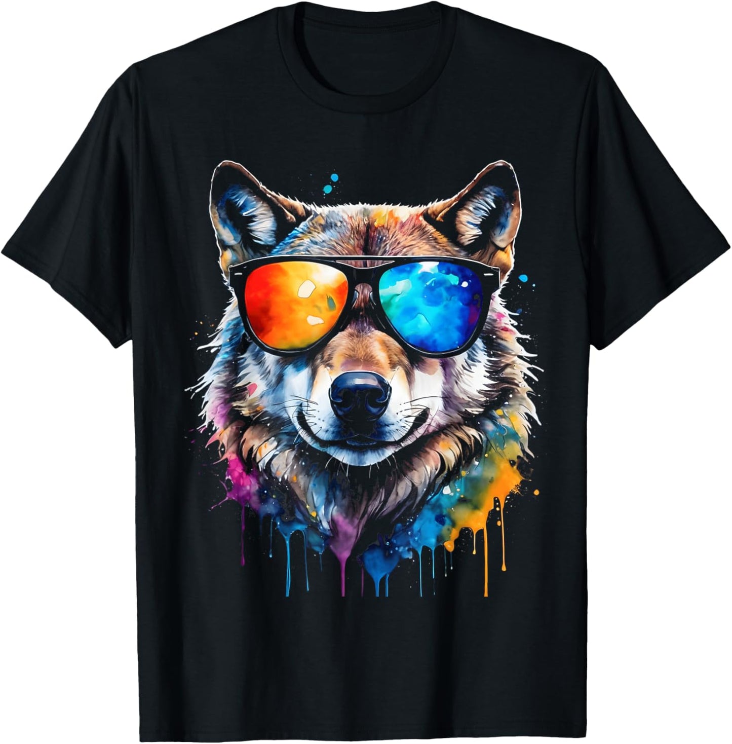 Wolf Sunglasses Colourful Animal Print Design , black T-Shirt - T-Shirt | Black