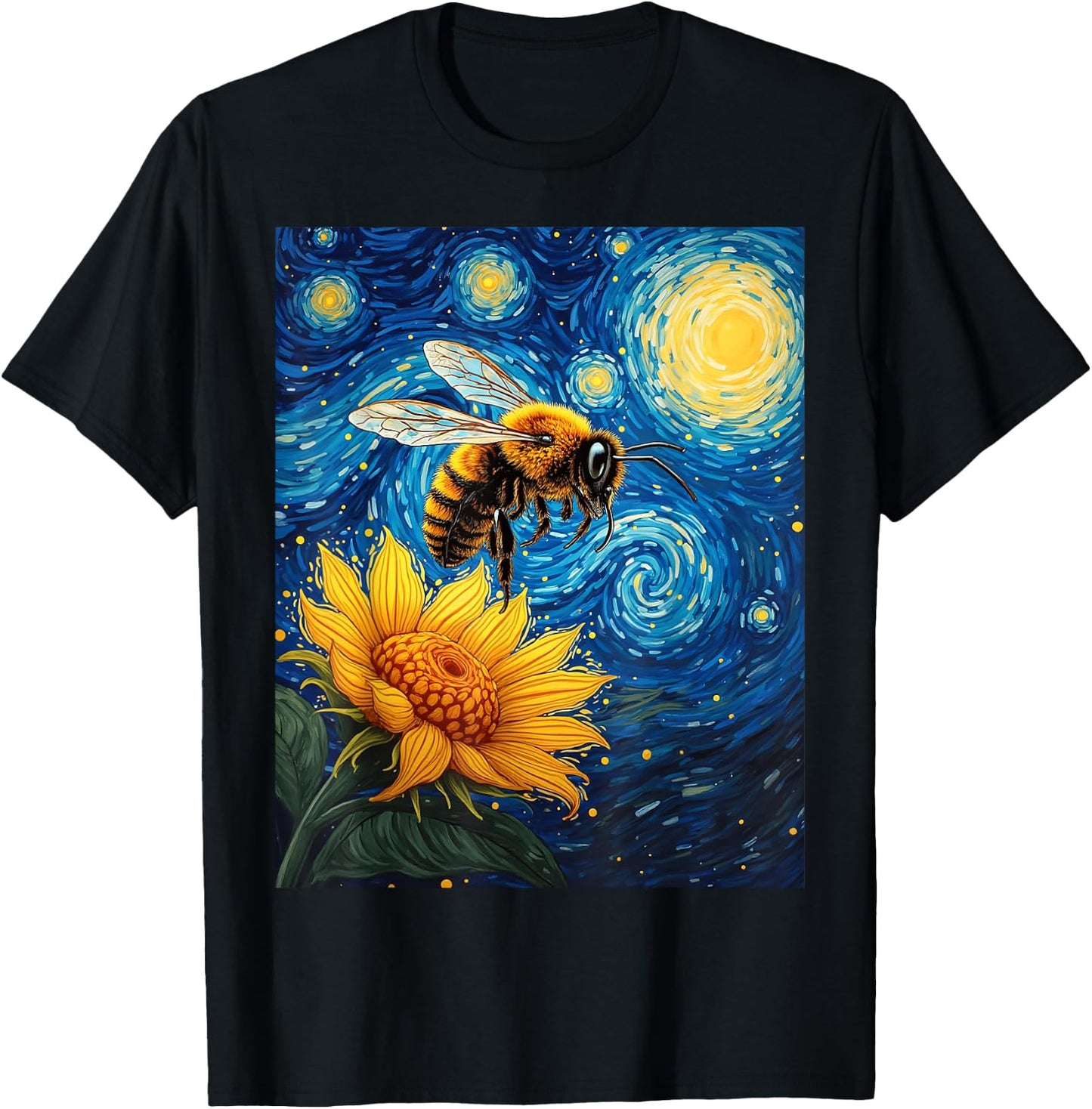 Van Gogh's Starry Night Bee Sunflower Nature Art T-Shirt - T-Shirt | Black