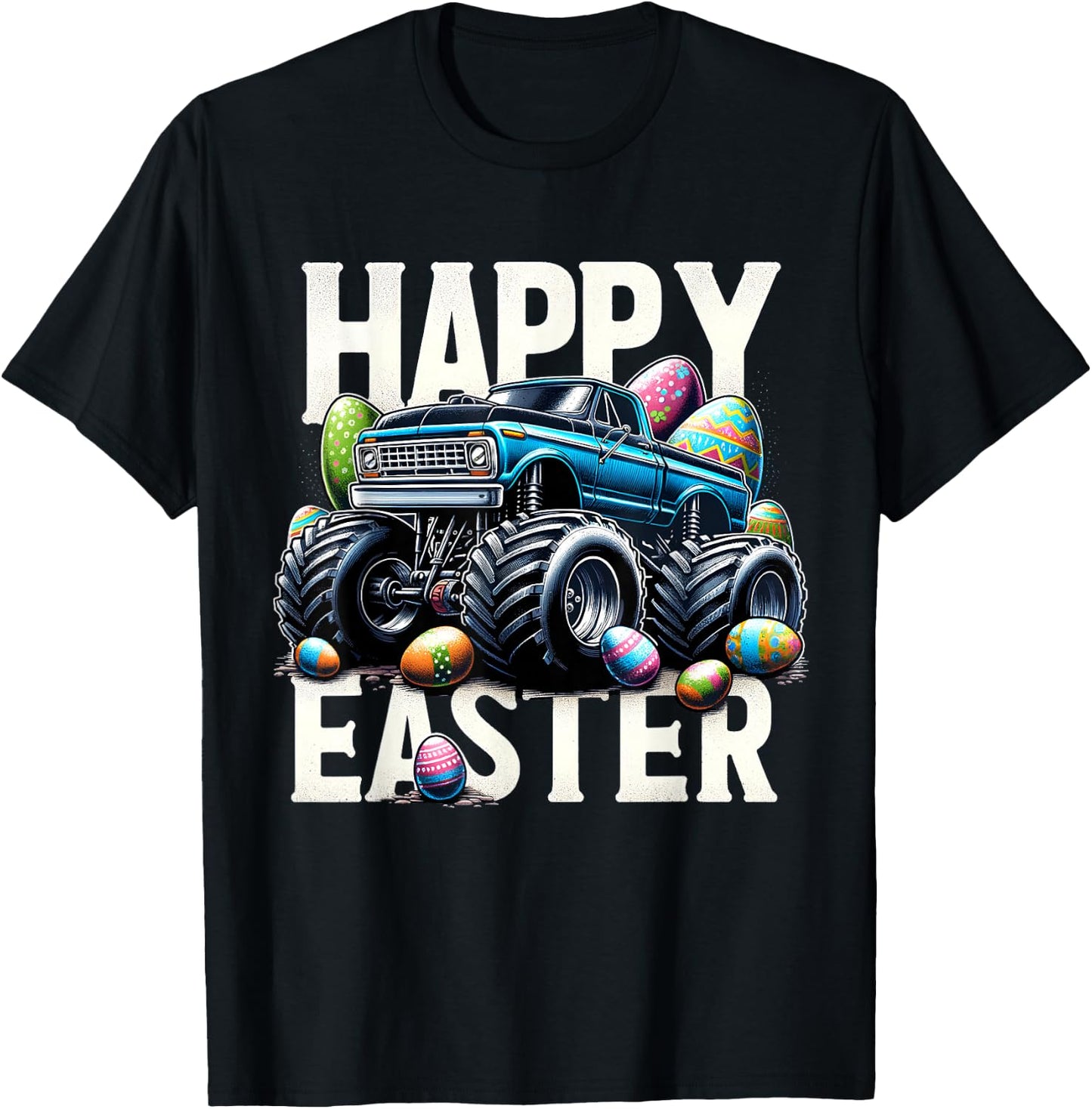 Boys Happy Easter Monster Truck Easter Eggs Hunt Toddler Kid T-Shirt - T-Shirt | Black