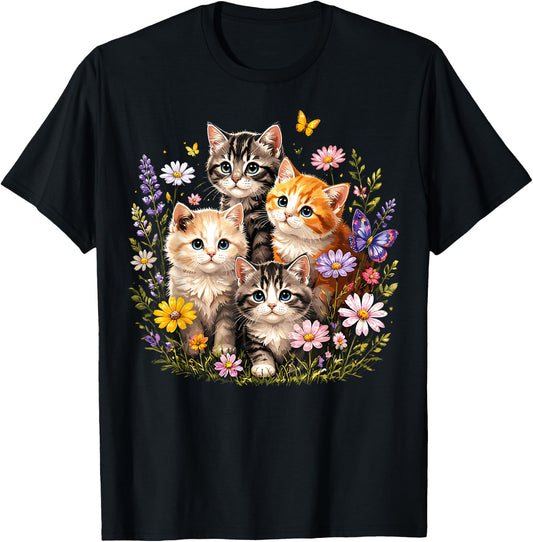 Cute Kittens Flowers Cat T-Shirt - T-Shirt | Black