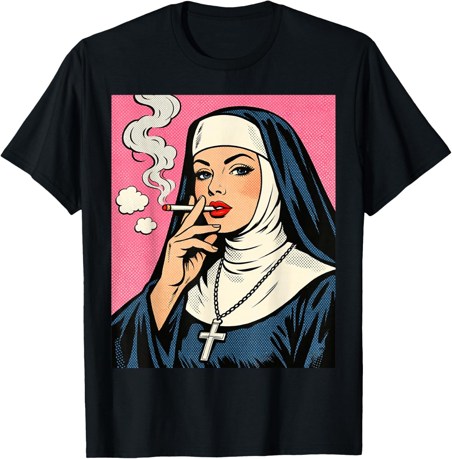 Nun Smoking a Cigarette pop Art T-Shirt - T-Shirt | Black