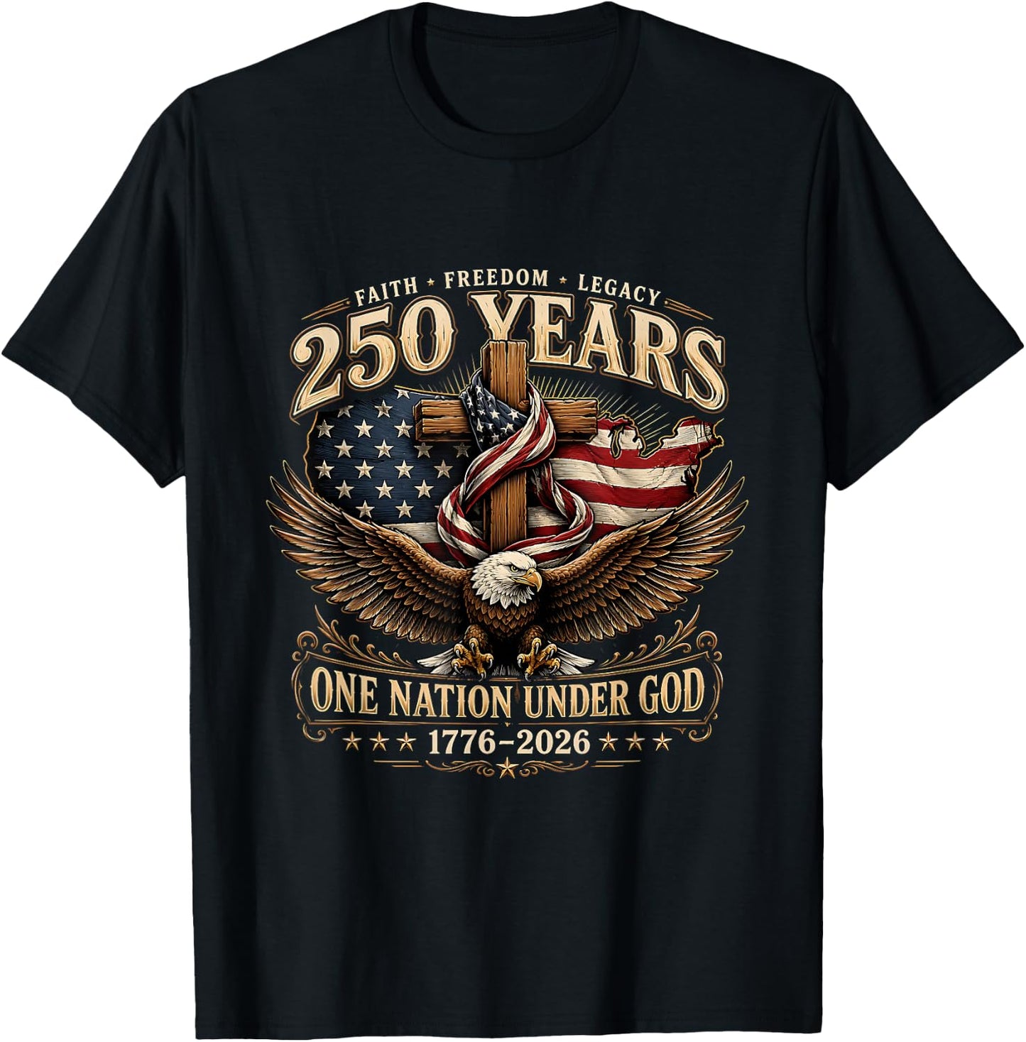 Vintage 250 Years One Nation Under God 1776-2026 4th of July T-Shirt - T-Shirt | Black
