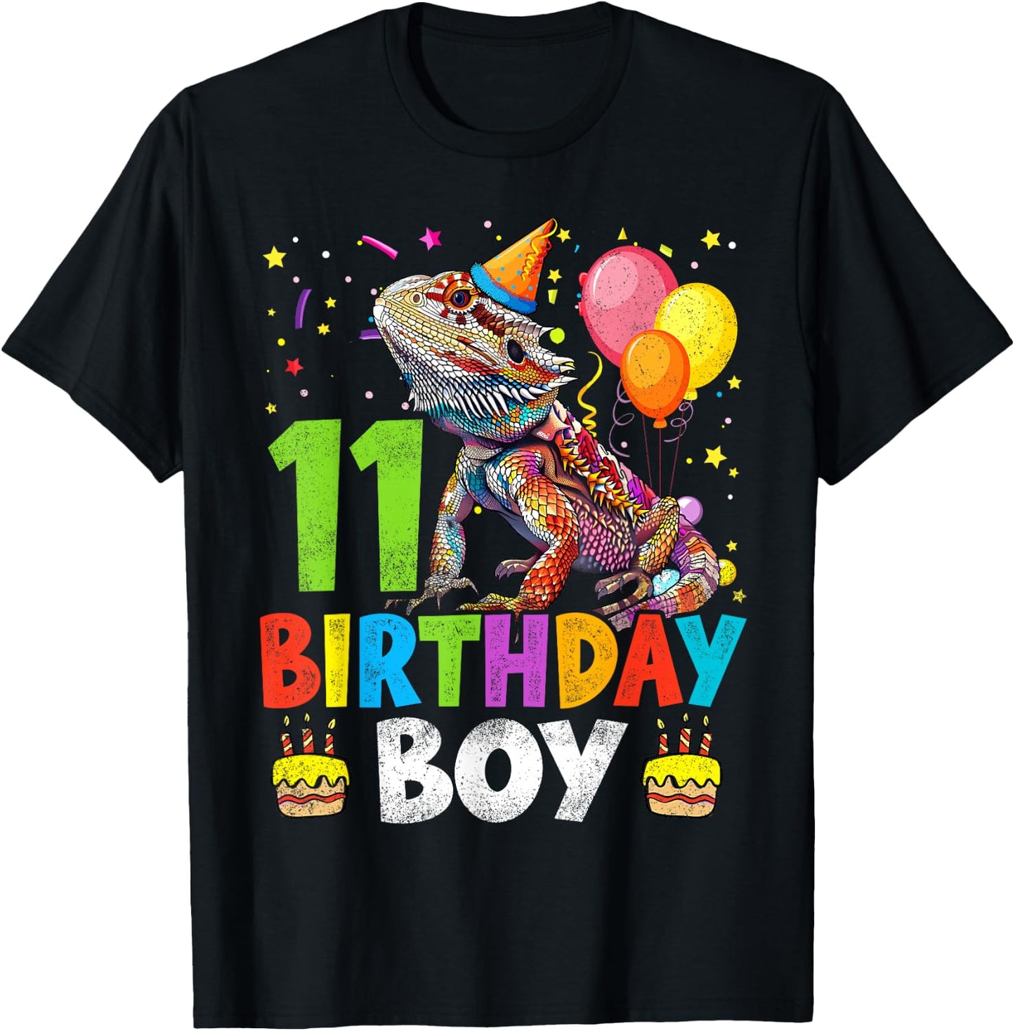 11th Birthday Boy Bearded Dragon 11 Years Old Bday Party T-Shirt - T-Shirt | Black
