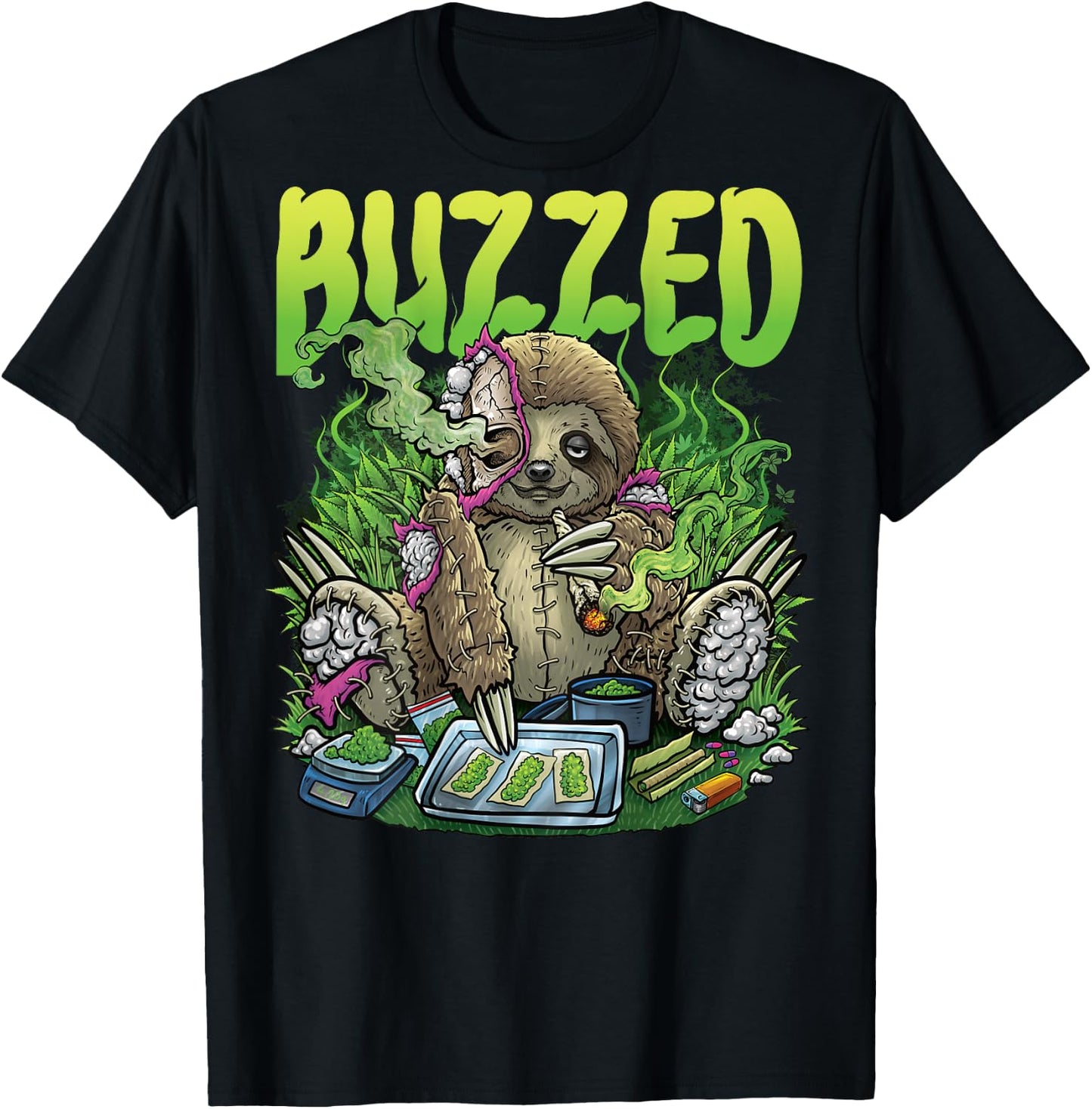Weed Sloth Smoking Stoner Rave House Techno Outfit BACKPRINT T-Shirt - T-Shirt | Black