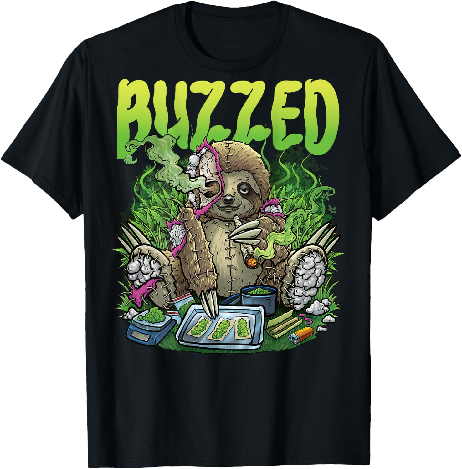 Weed Sloth Smoking Stoner Rave House Techno Outfit BACKPRINT T-Shirt - T-Shirt | Black