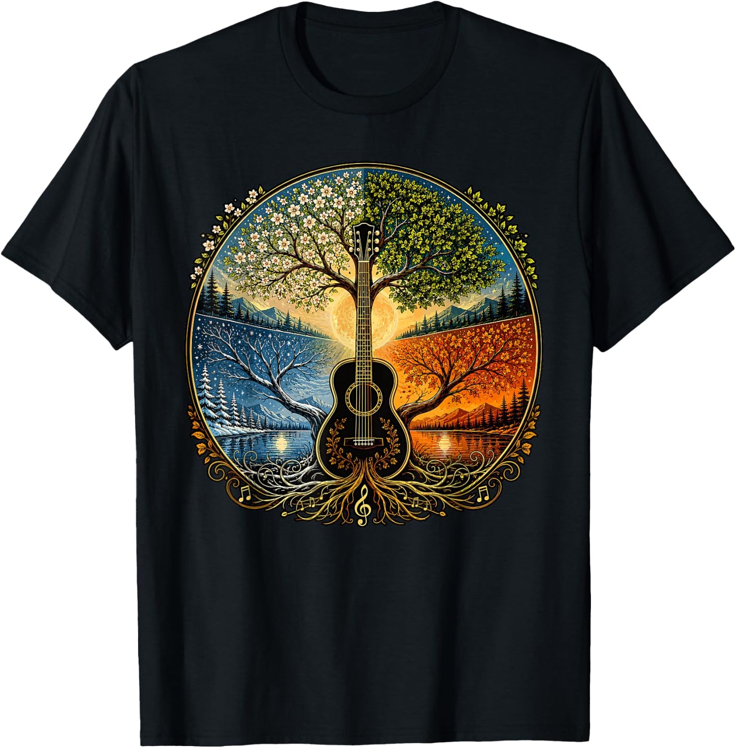 Acoustic Guitar by the Lake Seasons Nature Music T-Shirt - T-Shirt | Black