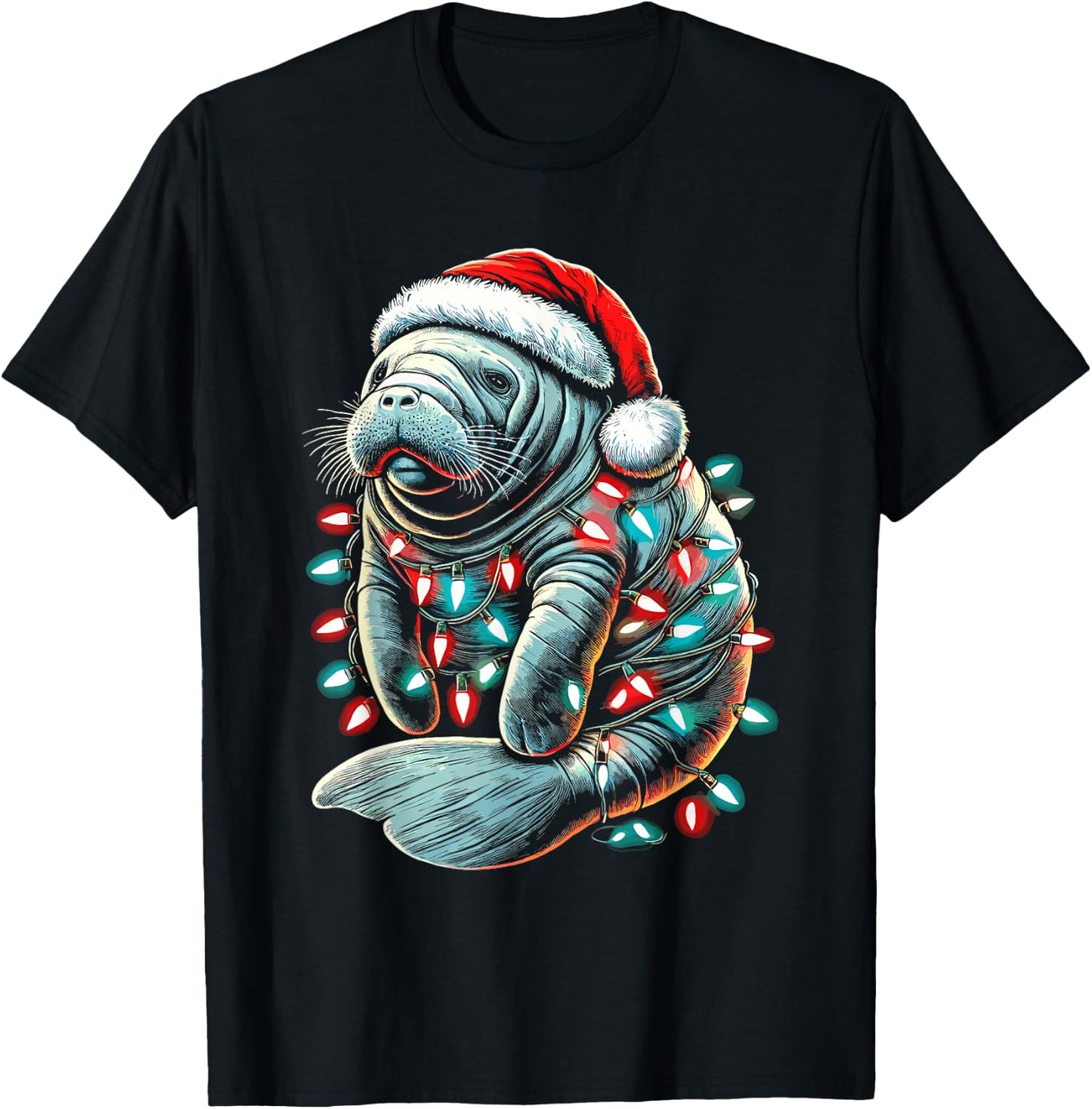 Manatee Santa Hat Christmas Lights Pajama Funny Xmas T-Shirt - T-Shirt | Black