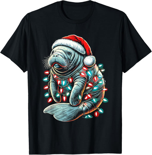 Manatee Santa Hat Christmas Lights Pajama Funny Xmas T-Shirt - T-Shirt | Black