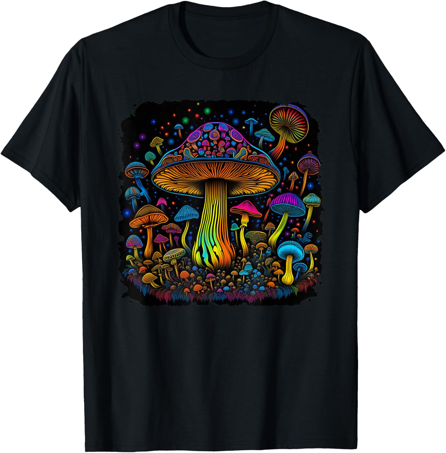 Psychedelic Mushroom Art Groovy 70s Retro Black Light Style T-Shirt - T-Shirt | Black