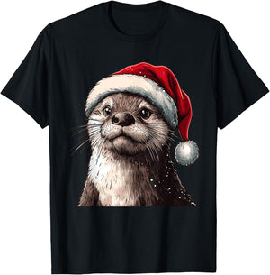 Funny Xmas Otter Lovers Christmas Pajama Otter Santa Hat T-Shirt - T-Shirt | Black