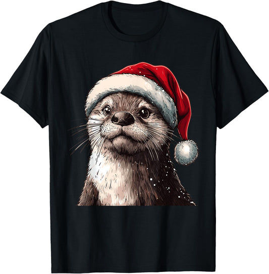 Funny Xmas Otter Lovers Christmas Pajama Otter Santa Hat T-Shirt - T-Shirt | Black
