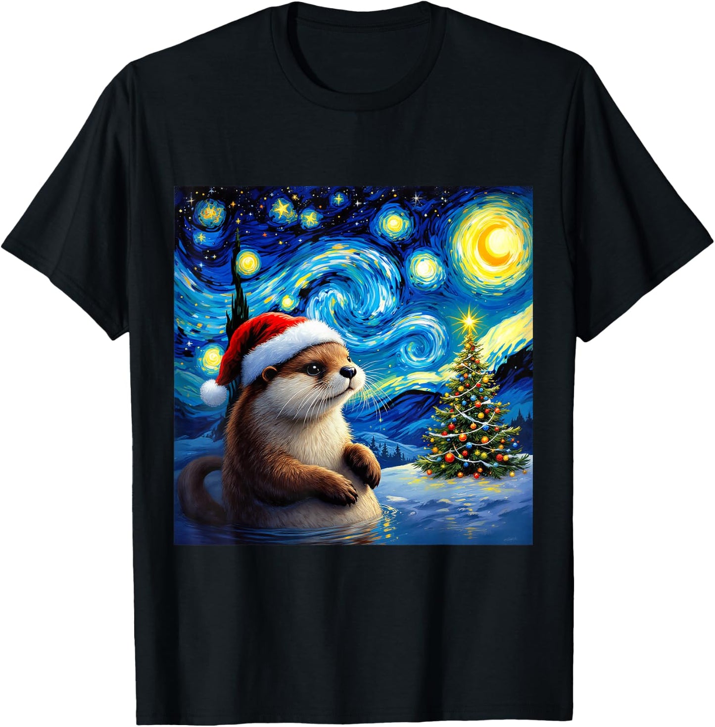 Christmas Otter Santa Hat Van Gogh Starry Night Holiday T-Shirt - T-Shirt | Black