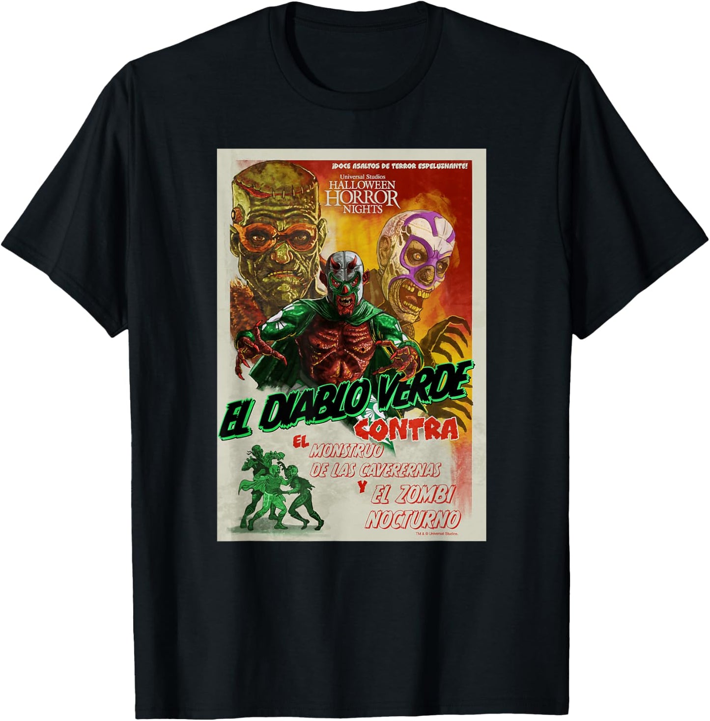 Universal Halloween Horror Nights Lucha Libre Diablo Verde T-Shirt - T-Shirt | Black