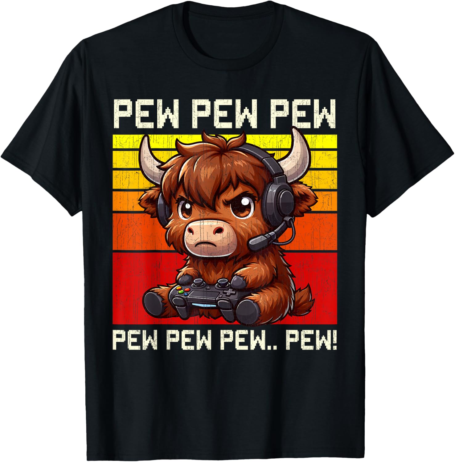 Highland Cow Gamer Pew Funny Video Games Vintage Boys Men T-Shirt - T-Shirt | Black