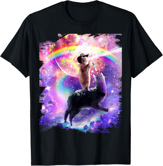 Laser Space Cat On Rainbow Galaxy Llama Unicorn T-Shirt - T-Shirt | Black