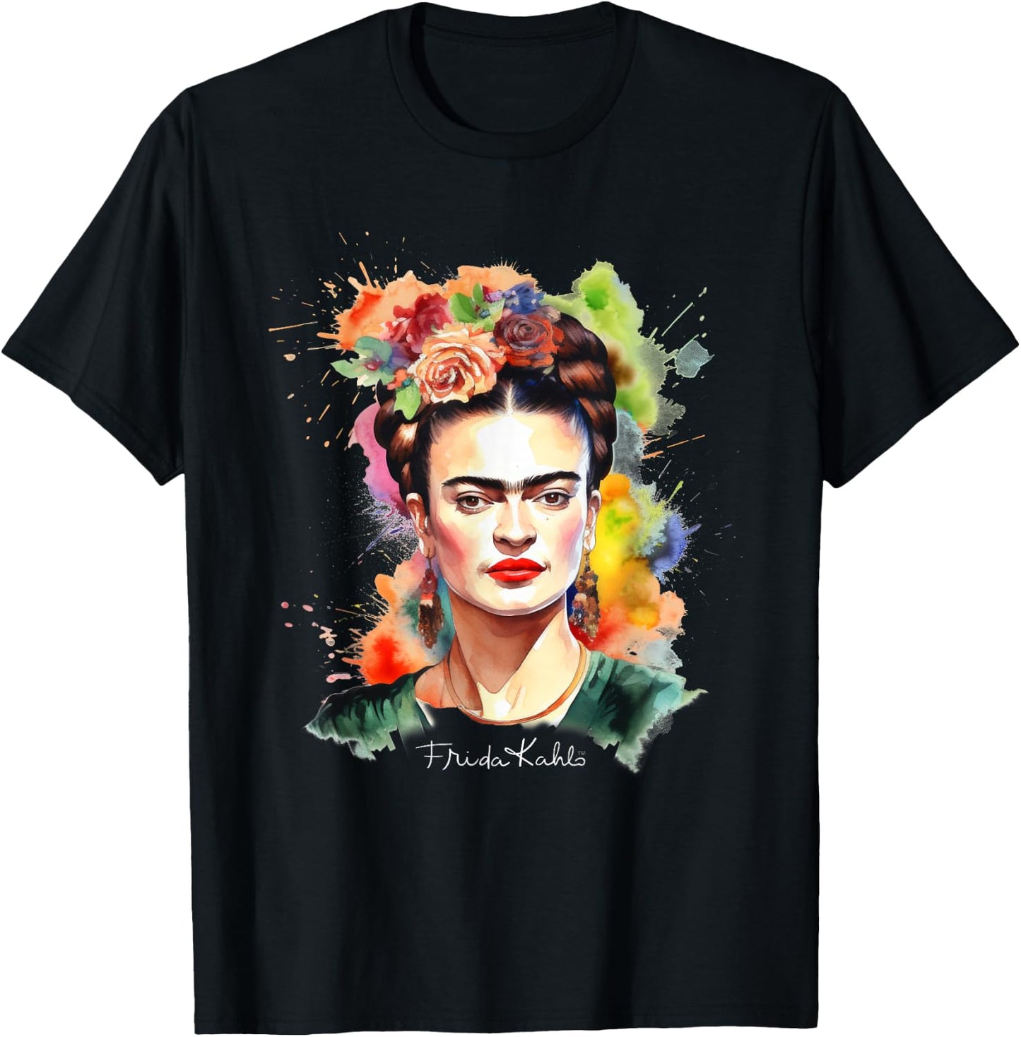 Frida Kahlo - Damen Schwarz V-Ausschnitt Kurzarm Small EU 16.5 T-Shirt - T-Shirt | Black