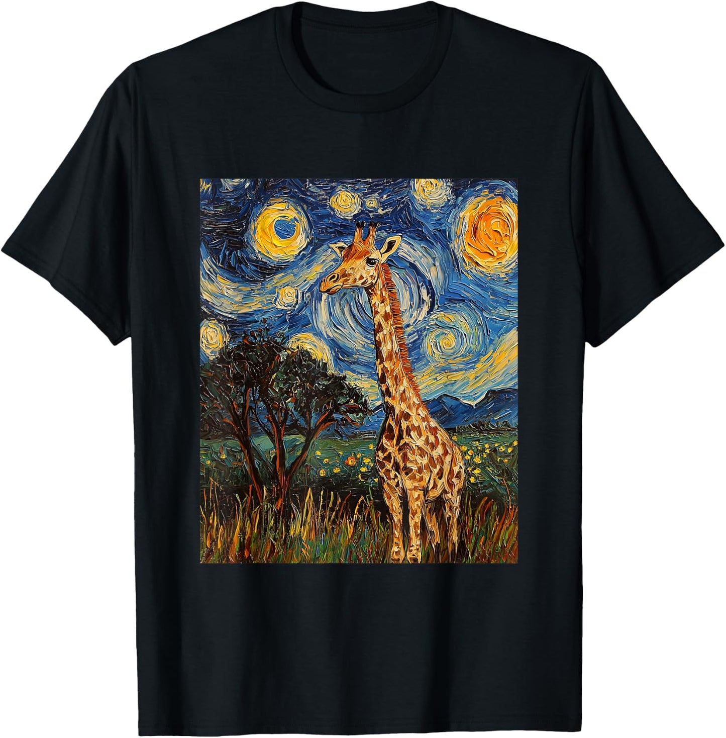 Giraffe Africa Van Gogh Style Starry Night Cute Graphic T-Shirt - T-Shirt | Black