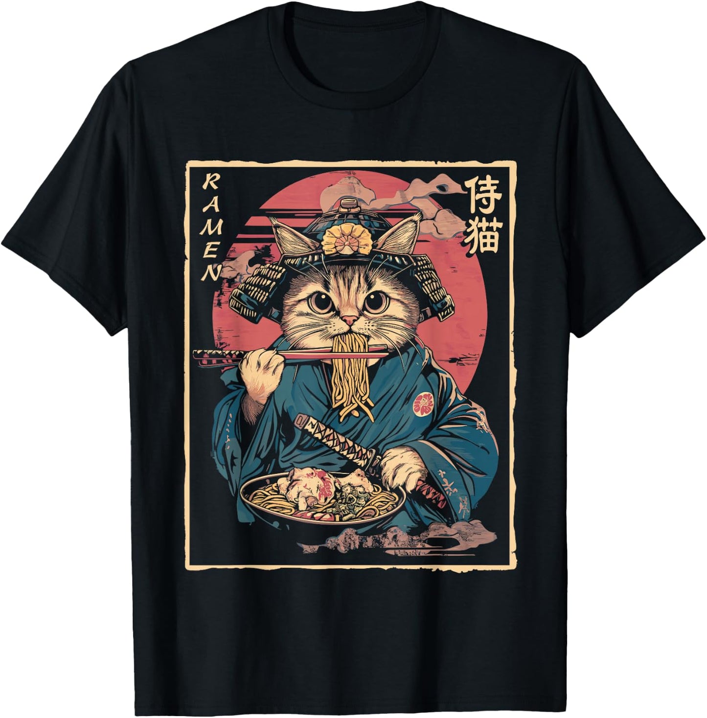 Japanese Samurai Ninja Cat Eating Ramen T-Shirt - T-Shirt | Black