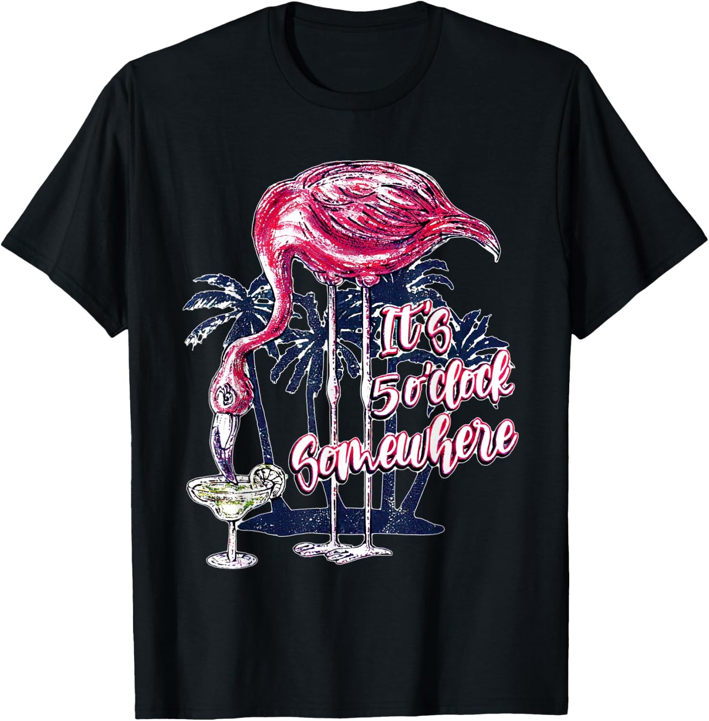 Flamingo It's 5 O'Clock Somewhere Drinking Margarita T-Shirt - T-Shirt | Black