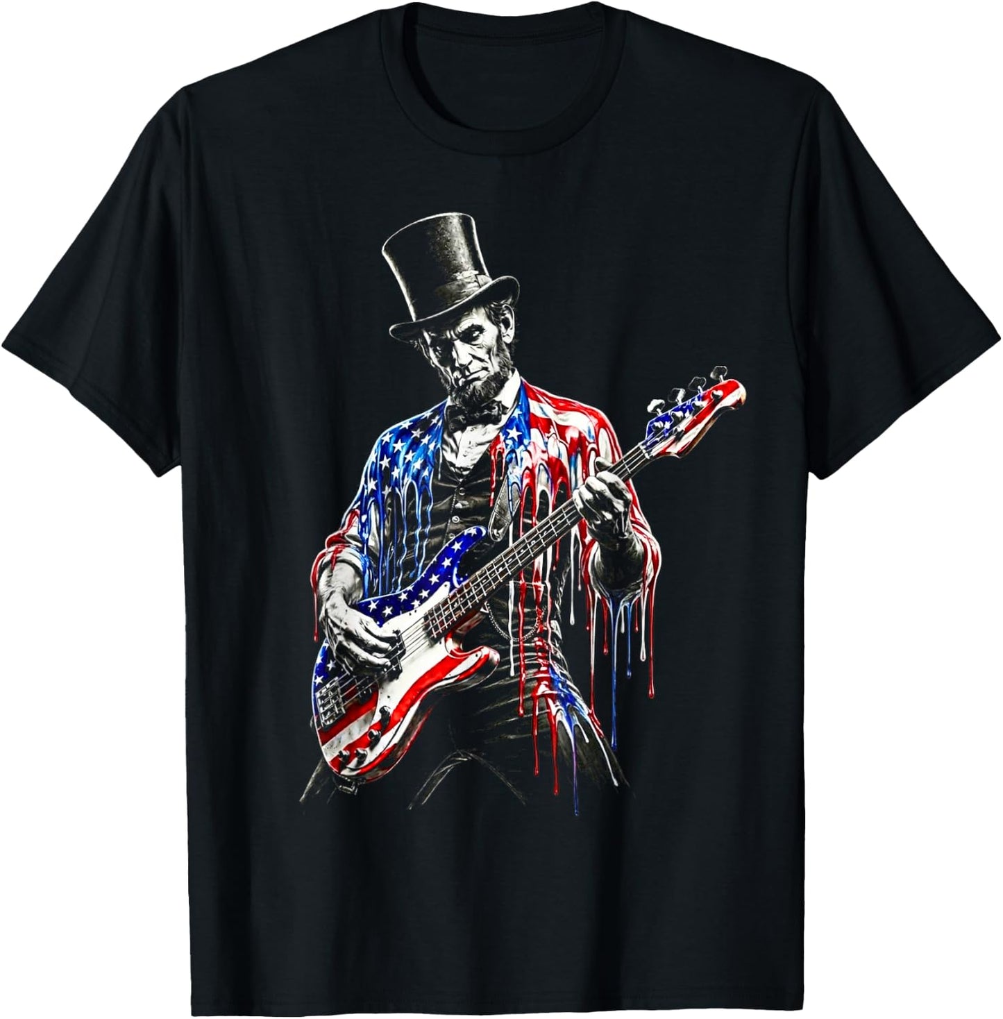 abe Lincoln Playing Guitar USA Flag 4th July Lincoln Guitar T-Shirt - T-Shirt | Black