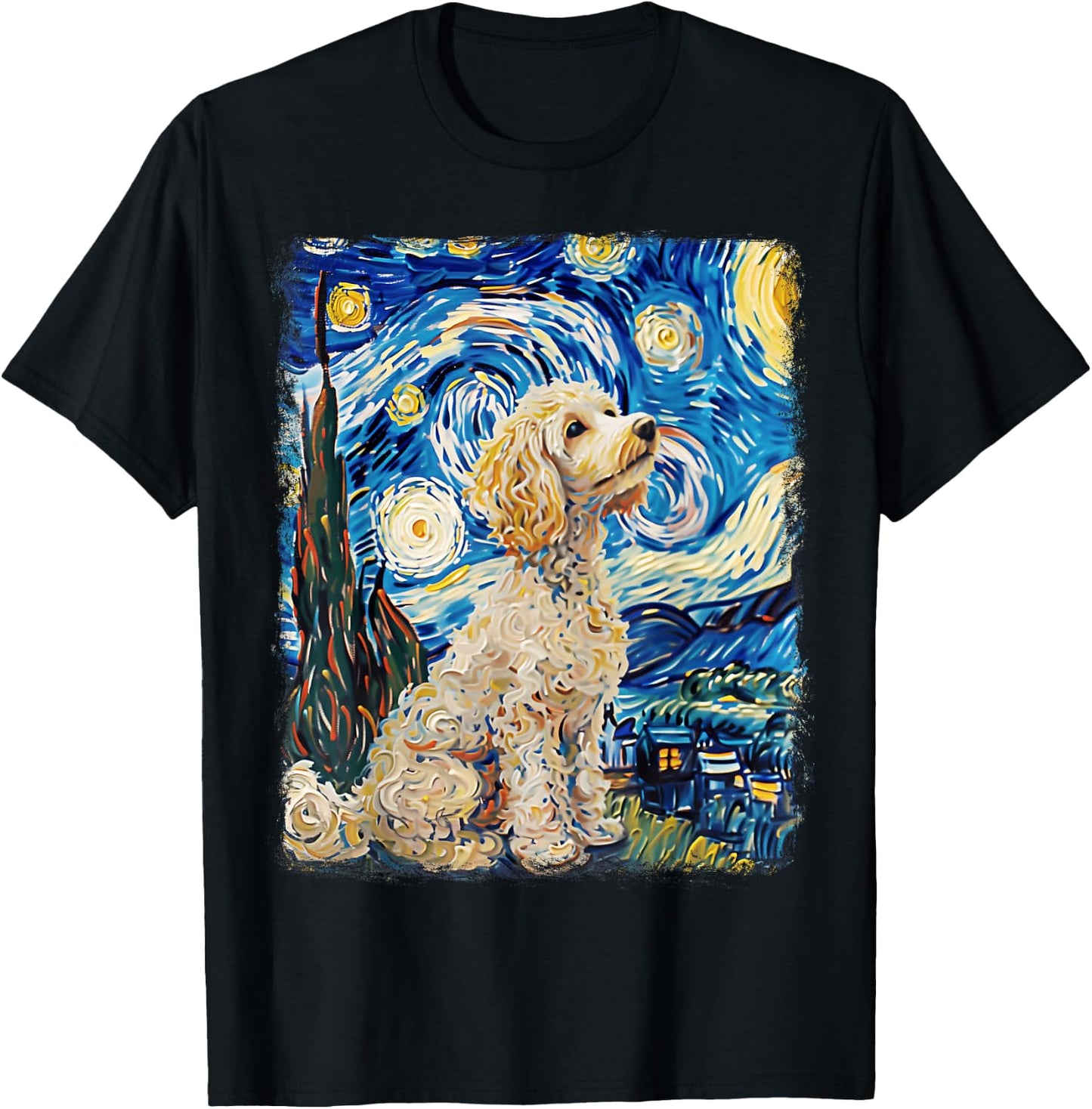 Poodle Dog Starry Night Painting T-Shirt - T-Shirt | Black